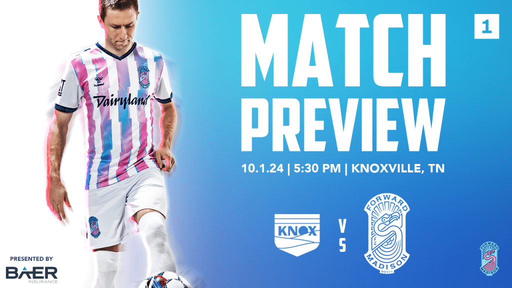 An image that shows a player juggling a soccer ball next to text that says match preview for the One Knoxville match on October 1st.